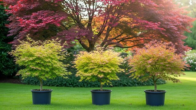 Three potted trees in a vibrant garden scene with colorful foliage