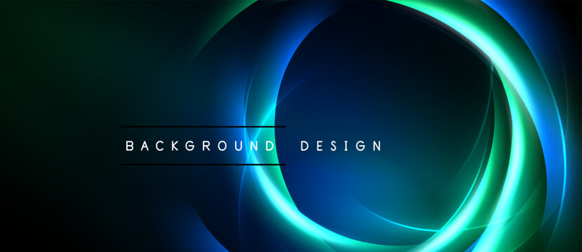 Abstract design features glowing curves, vibrant blues, greens. Dark background emphasizes luminous circular elements, text reads background design.