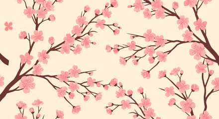 Fototapeta premium Beautiful pink cherry blossom flower branches blooming in a serene landscape viewed from a distance