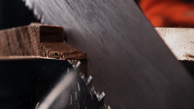 Close up of sharp hand saw blade cutting through wooden timber plank in carpentry workshop