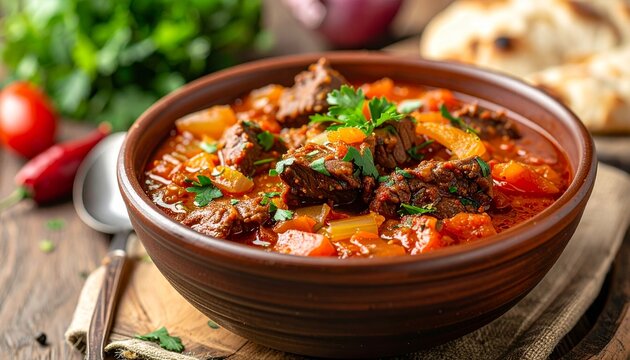 Braised beef stew with fresh parsley. Braised beef pieces in a thick tomato sauce with root vegetables, finished with fresh parsley, rich texture, warm tones.