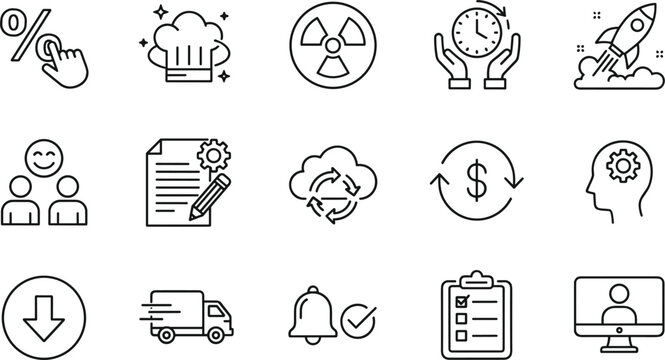 Business and startup line icons set with finance marketing productivity delivery notifications analytics strategy vector illustration