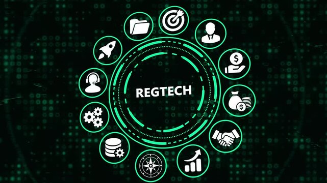 RegTech Concept Illustration with Digital Icons: Regulatory Technology for Compliance, Finance, and Business Automation on a Futuristic Green Background.