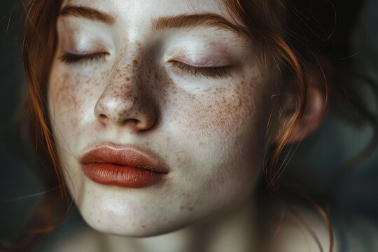 Portrait of beautiful young redhead woman closing eyes showing ephelides and enjoying moment of relaxation