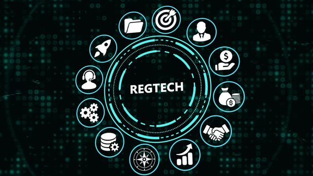 Regulatory Technology (Retch) Concept with Futuristic Digital HUD Interface and Business Icons.