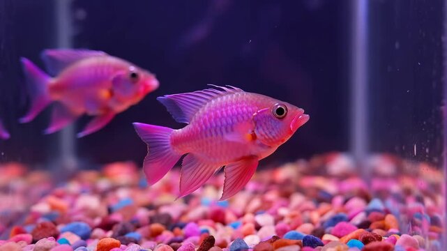 Pink ram cichlids swimming in aquarium with colorful gravel substrate underwater scene