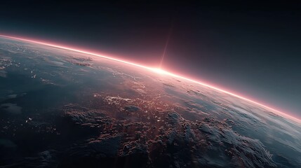 Cinematic Earth horizon from space with glowing sunrise and clouds for global themes.

