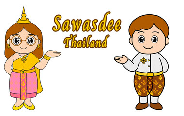 Cute cartoon illustration of Thai man and woman wearing traditional costumes, smiling and greeting with sawasdee gesture, representing Thai culture, heritage, and warm welcome.