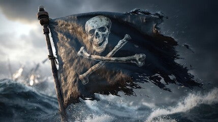 Fototapeta premium Weathered pirate flag with skull and crossbones against stormy sea