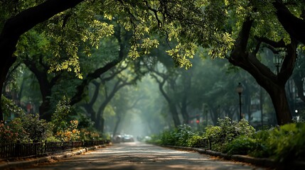 Fototapeta premium Peaceful park road under green tree canopy tunnel with dappled sunlight shadows.