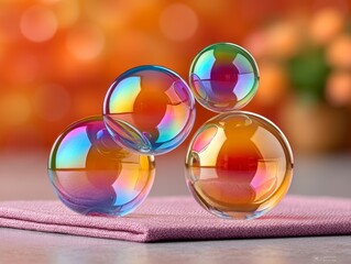 Four Translucent Soap Bubbles Reflecting Warm Light With Bokeh Background