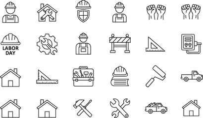 Fototapeta premium Construction and labor line icons set featuring workers tools safety housing repairs equipment vector illustration industry collection