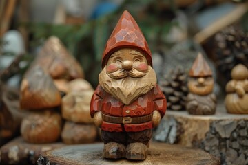 Fototapeta premium Hand carved wooden gnome figurine standing on a tree trunk with other wooden figures in the background