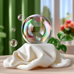 Naklejka premium Iridescent Bubble Resting on White Cloth with Green Leaves and Blurred Floral Background Gentle Light
