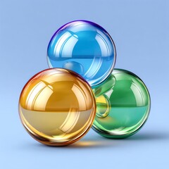 Three Translucent Spheres Blue Yellow Green Reflecting Light On Blue Surface
