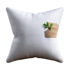White Textured Pillow with Greenery Accent Isolated on White Background Soft Fabric Decorative Element