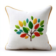 Decorative White Throw Pillow With Embroidered Colorful Tree Design And Gold Trim