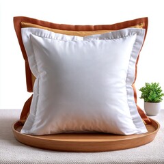 White Textured Square Pillow With Ruffled Edges Stacked On Orange And Tan Cushions On Wooden Tray With Small Plant