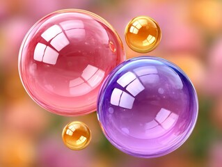 Abstract Macro Close Up Of Translucent Bubbles In Pink And Purple With Golden Spheres Soft Focus Floral Background