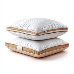 Two White Pillows With Gold Trim Stacked On A White Background With Soft Shadows