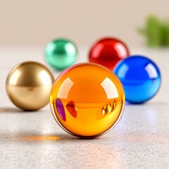 Shiny Glass Marbles In Vibrant Colors On A Textured Surface With Soft Natural Lighting And Blurred Green Foliage Background