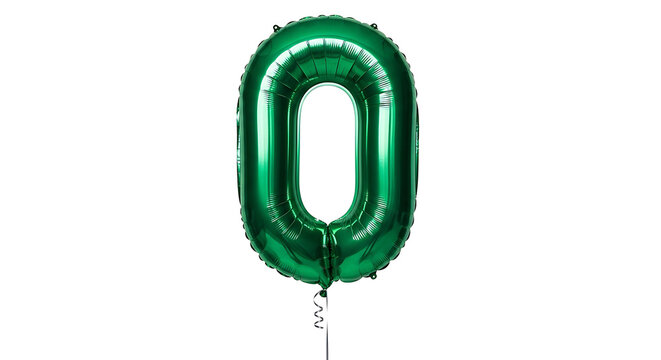 a vibrant green number zero foil balloon isolated on a clean white background ideal for birthdays anniversaries countdowns or party decor.