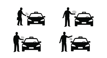 Four black silhouettes of people hailing taxis repeated design elements silhouette © RASHIDA