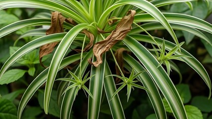 Obraz premium Spider plant with long green leaves and baby plants in a lush garden setting view