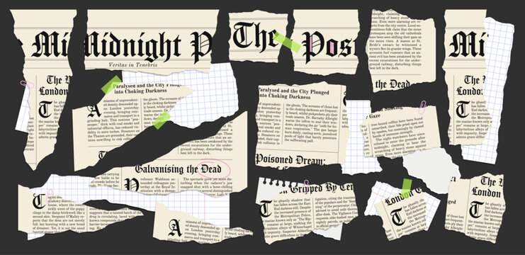 Vector set of torn vintage newspaper with gothic text and blank grid notepad textboxes. Ripped paper pieces with uneven edges, yellowed newsprint and squared notebook fragments for modern collage.