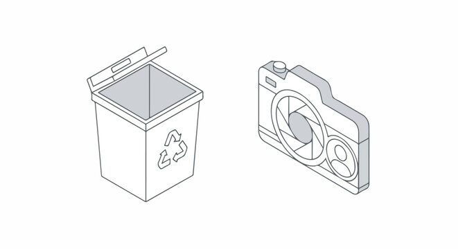 Recycling bin and camera icon, symbolizing photography waste, digital cleanup, or photo editing process