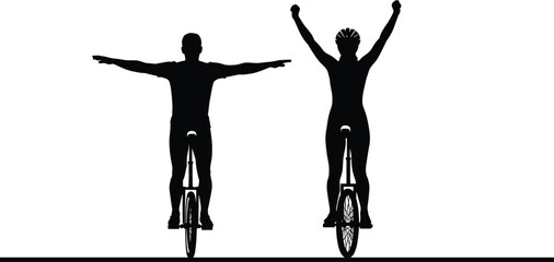 Black Silhouette of Two Cyclists Riding Unicycles with Arms Raised in Victory and Balance Representing Success Achievement and Outdoor Sports. © Faruk Here