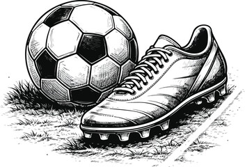 Soccer Ball and Cleat Shoe Vintage Sports Illustration Black and White