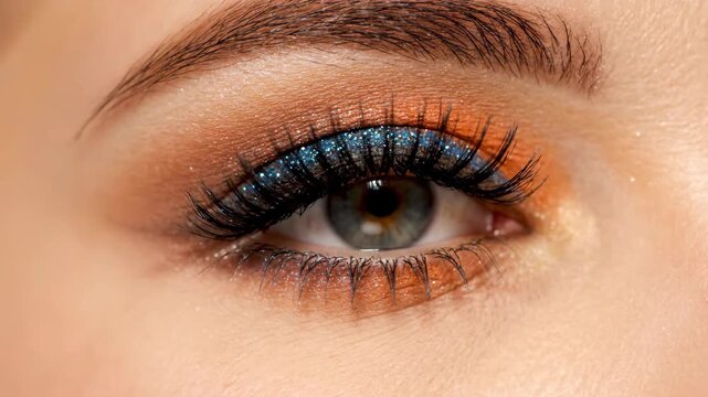 Woman eye with glitter eyeliner and long false eyelashes demonstrating professional makeup application process