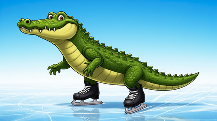 Fototapeta premium Playful cartoon crocodile gliding on ice skates across a bright blue sky background, embodying whimsical confidence and unexpected skill