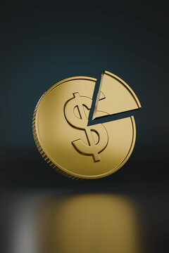 Dollar coin with a cut piece on dark background. Tax concept. 3D illustration.