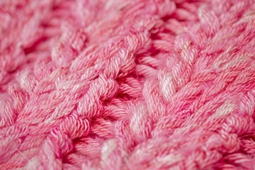 Fototapeta premium Close up of pink wool yarn, showcasing intricate knitting and creating a warm, textured fabric, ideal for winter apparel and crafts
