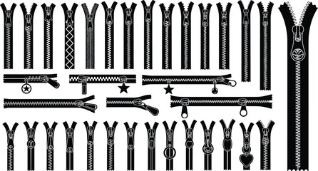 Black zipper silhouettes set with various metal and plastic tooth styles, open and closed garment fasteners for fashion design and tailoring, © Faruk Here