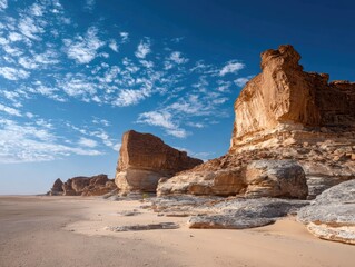 Dramatic rock formations dominate the desert landscape under a bright, cloudy blue sky