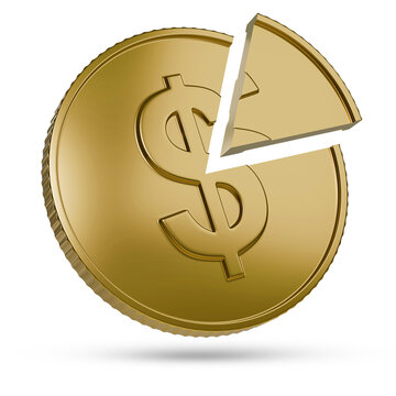 Dollar coin with a cut piece isolated on white background. Tax concept. 3D illustration.