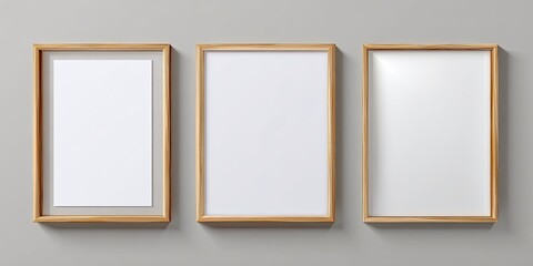 Three minimalist wooden frames with blank white space on a light grey wall
