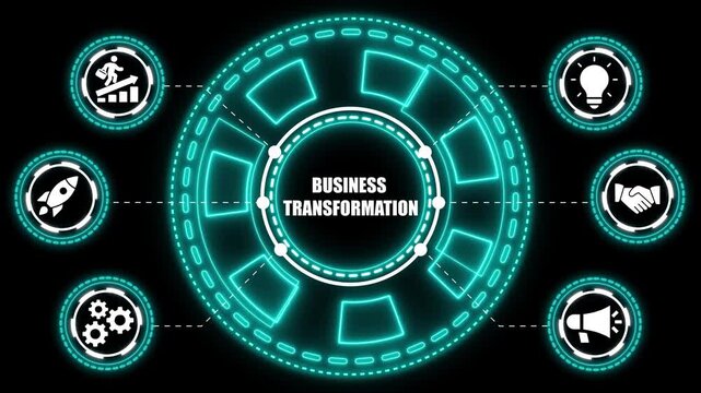 Glowing Neon Business Infographic Template with for Startup Growth Strategy and Innovation on Black Background