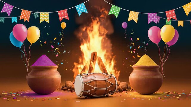 Holika Dahan Bonfire Celebration Festive Holi Background with Drum