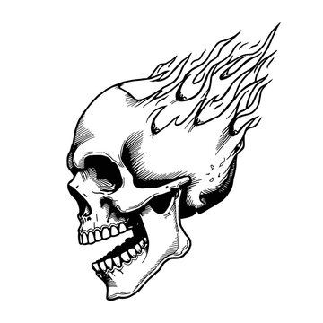 Black and white illustration of a skull with flames erupting from its head, embodying a rebellious or fiery spirit.