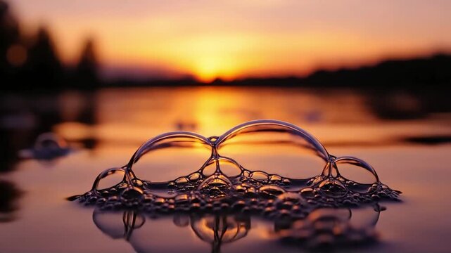 Delicate soap bubble reflecting a vibrant sunset over calm water macro photography showcasing beauty fragility and fleeting moments of nature s wonder