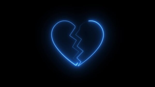 Broken blue neon heart glowing on black background symbolizing love pain and digital emotion