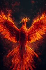 Phoenix rising from flames with fiery wings symbolizing rebirth and mythical power