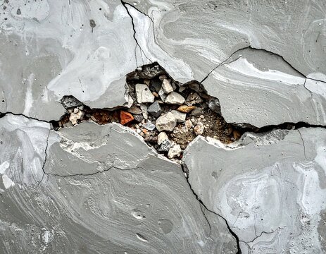 Close-up of cracked, gray concrete with exposed aggregate
