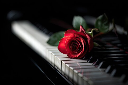 A red rose rests gracefully on piano keys, creating a romantic and musical atmosphere