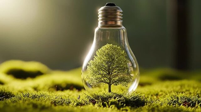 Creative Light Bulb with Miniature Tree Inside Representing Eco-friendly Innovation and Sustainable Ideas in Nature