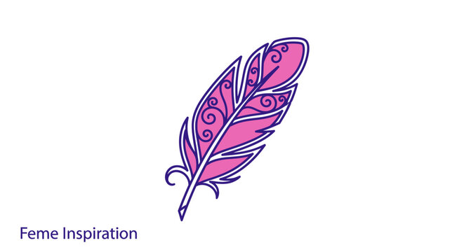 Digital illustration of a pink and purple feather with swirling patterns on a white background with the text 'Feme Inspiration'.